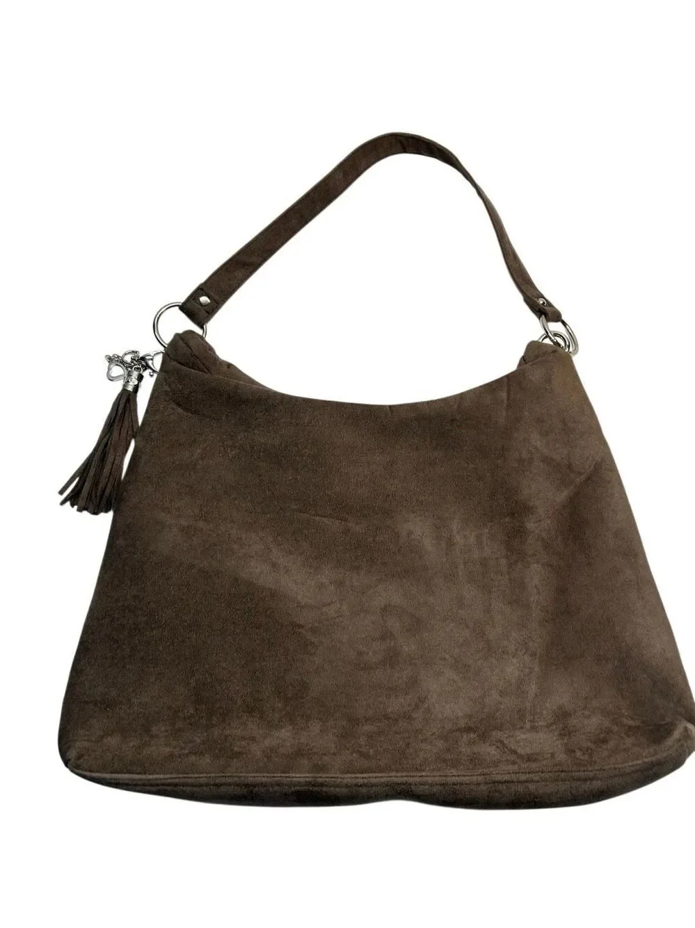 Bella Russo Brown Faux Suede Hobo Bag Tassel Charm Paisley Lining Shoulder Handb
